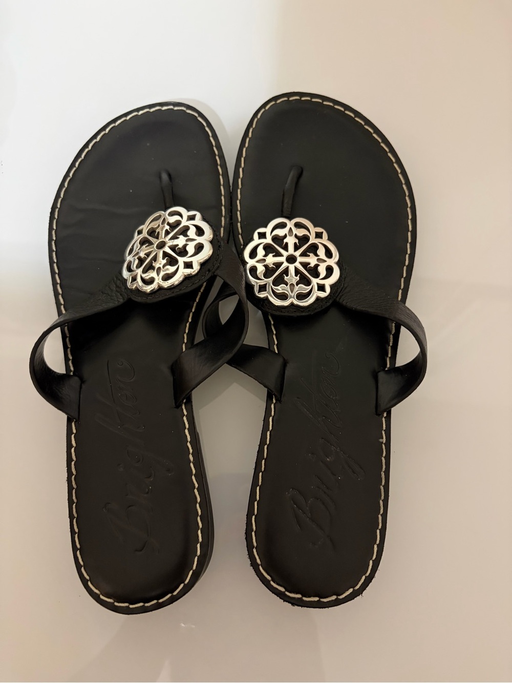 Brighton Alice Black Thong Sandals with Silver Filigree Medallion